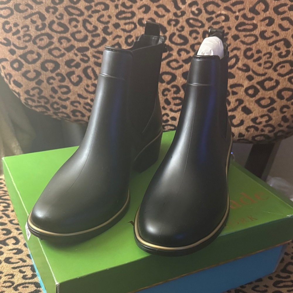 Kate Spade SEDGEWICK Black Ankle Rain Boots with Gold Accent-NWT Size 10M